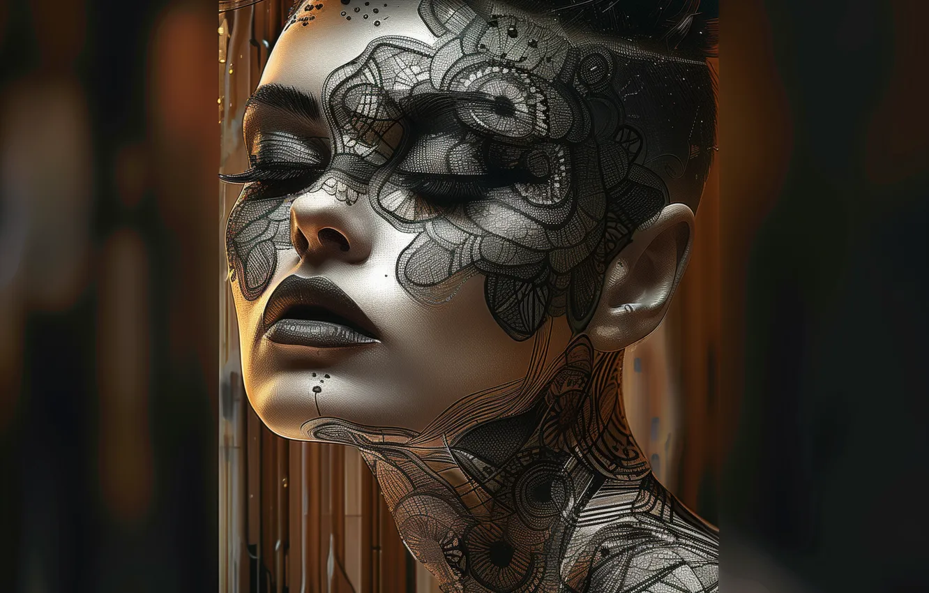 Photo wallpaper girl, face, eyelashes, style, the dark background, portrait, makeup, tattoo