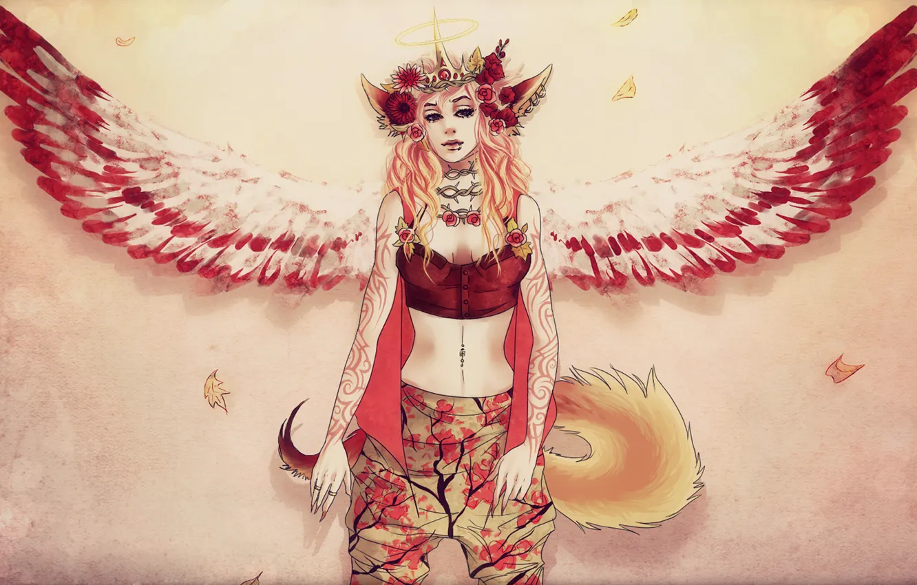 Photo wallpaper flowers, Girl, wings, tail, ears, halo