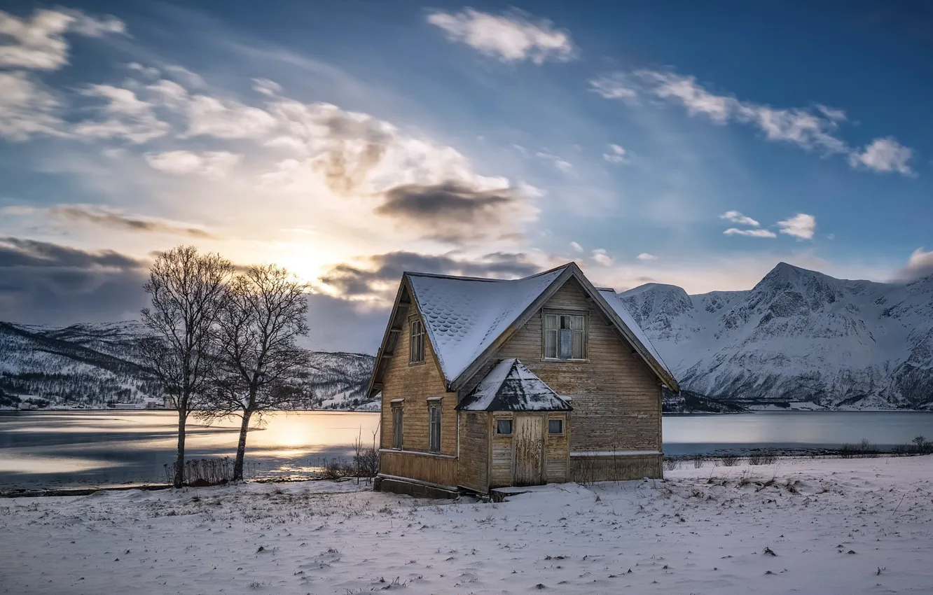 Photo wallpaper winter, mountains, lake, house