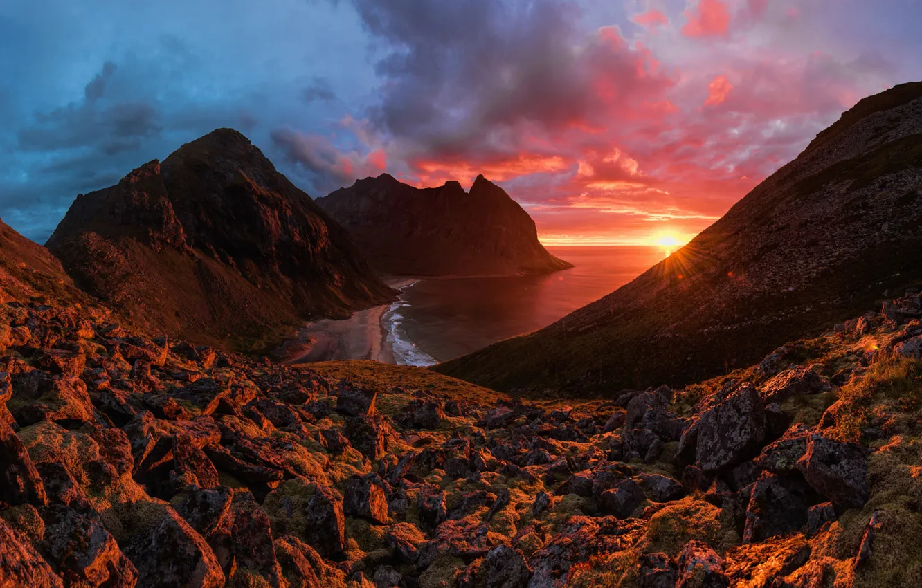 Photo wallpaper beach, the sky, clouds, landscape, sunset, mountains, nature, the ocean