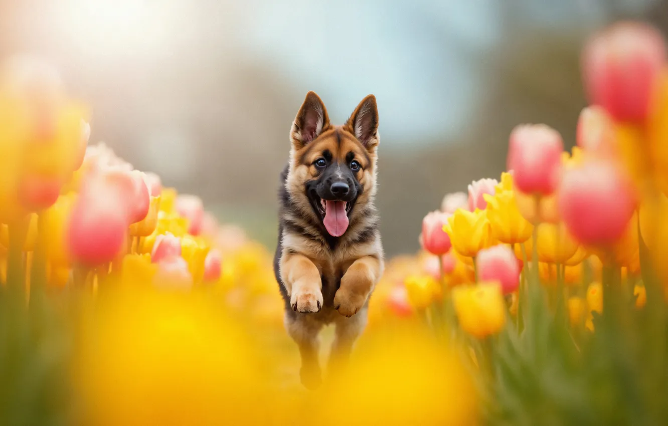 Photo wallpaper field, language, look, flowers, yellow, pose, legs, dog