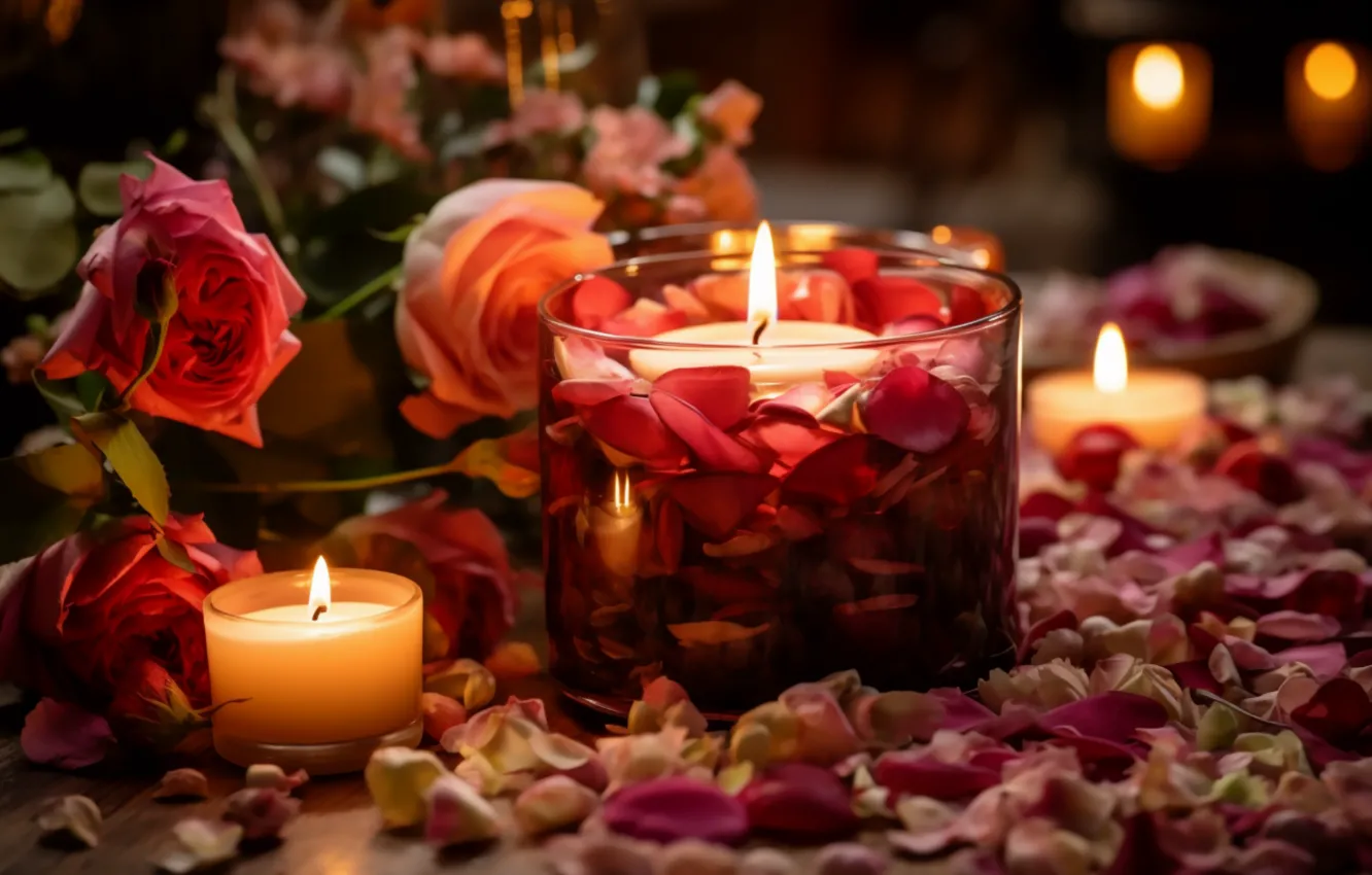 Photo wallpaper light, flowers, comfort, roses, candles, petals, AI art, neural network