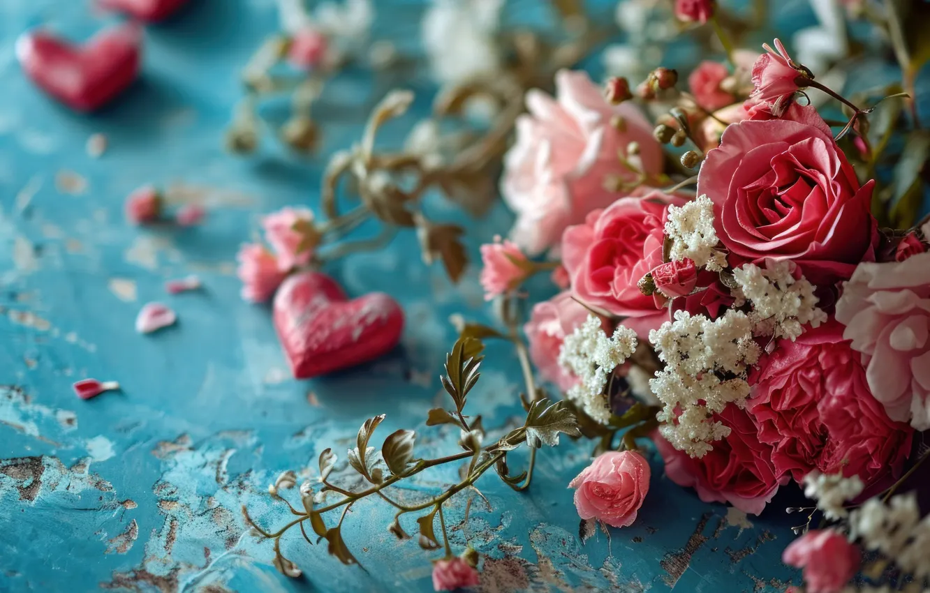 Photo wallpaper flowers, holiday, heart, hearts, Valentine's day, AI art, neural network