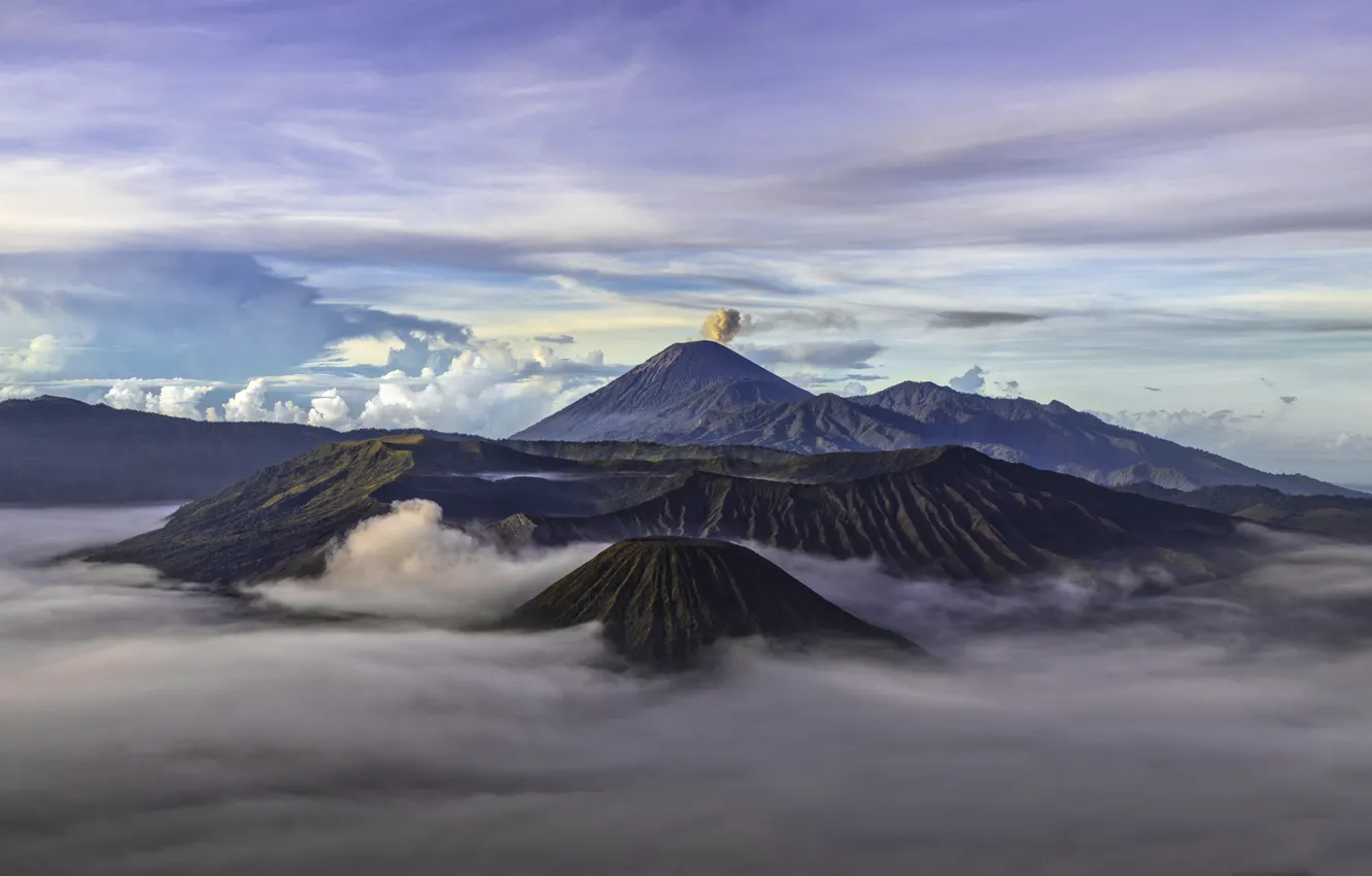 Photo wallpaper the sky, clouds, mountains, the volcano, Indonesia, haze, Bromo, Java