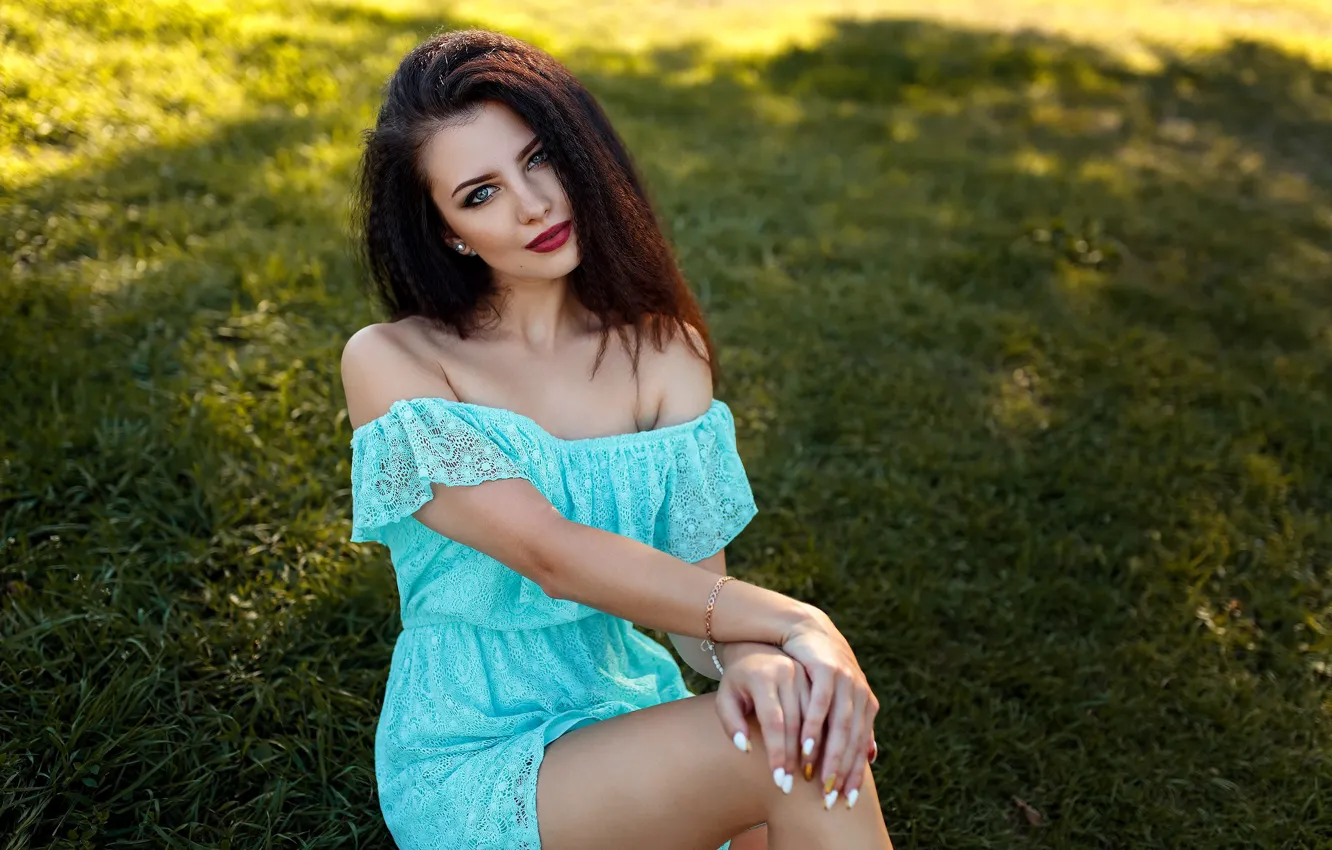Photo wallpaper girl, grass, long hair, dress, legs, photo, blue eyes, model
