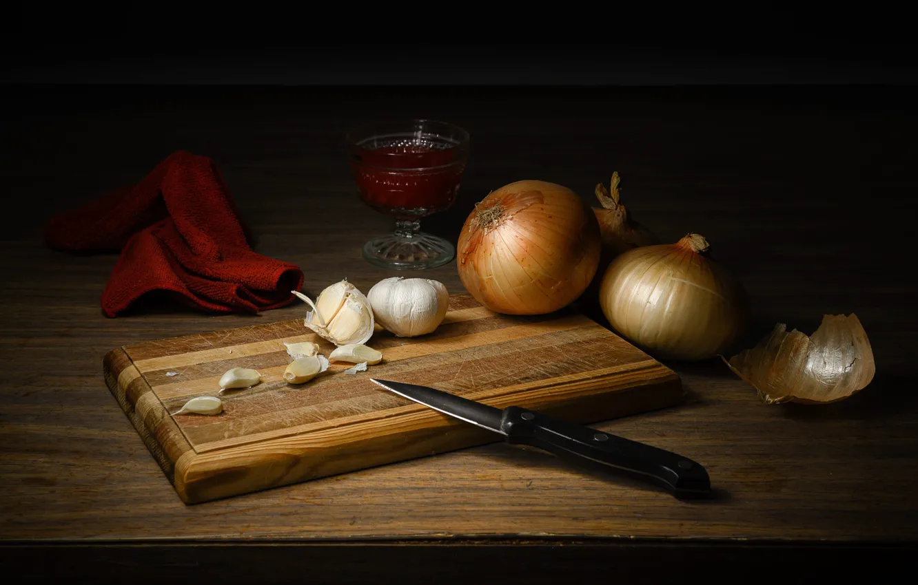 Photo wallpaper the dark background, towel, bow, knife, still life, sauce, garlic, cutting Board