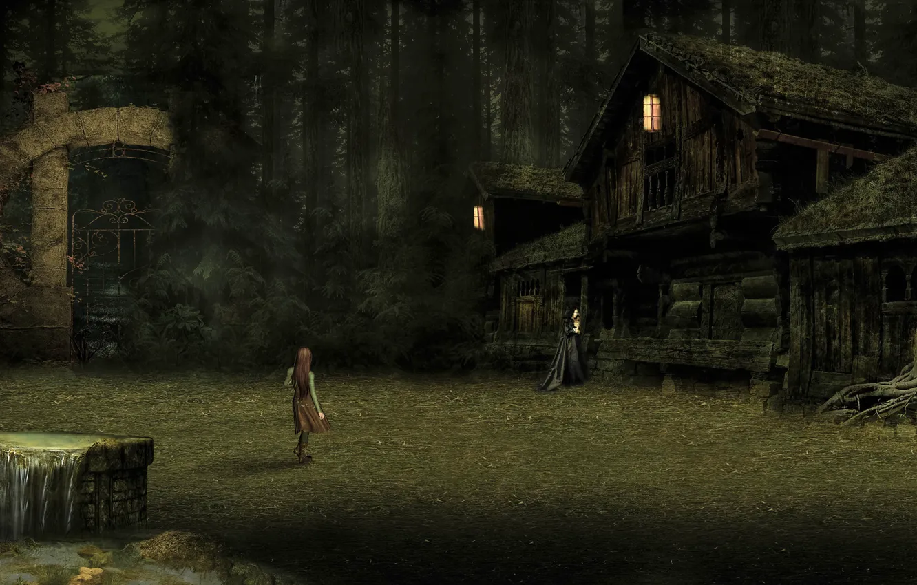 Photo wallpaper forest, girl, light, night, fog, darkness, rendering, fear