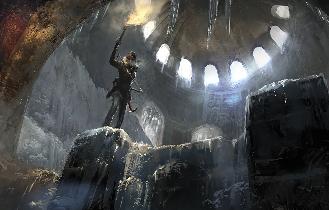 Photo wallpaper ice, light, snow, lights, flame, bow, art, Lara Croft