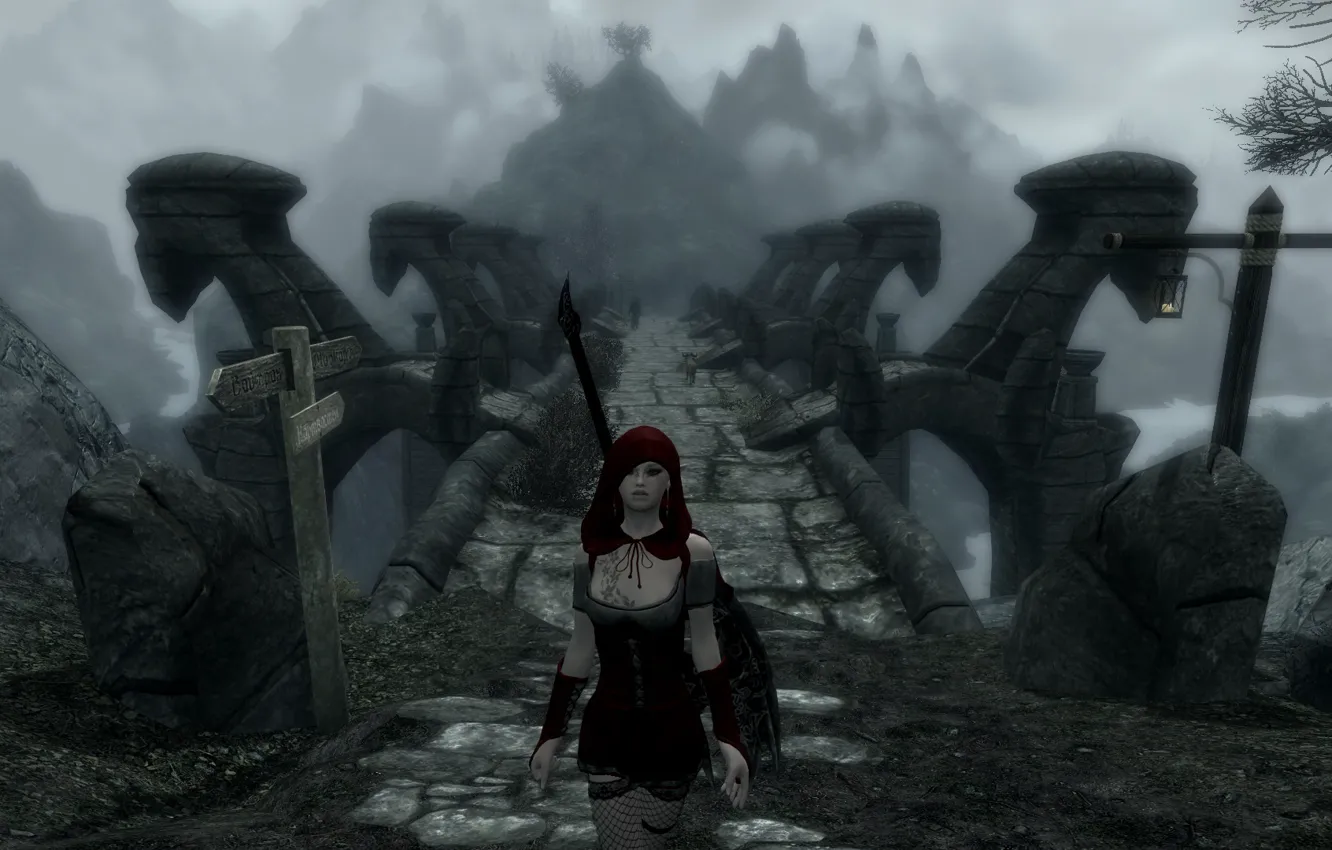 Photo wallpaper bridge, little red riding hood, bridge, Skyrim, Skyrim, Red Riding Hood, TES 5, eryniel