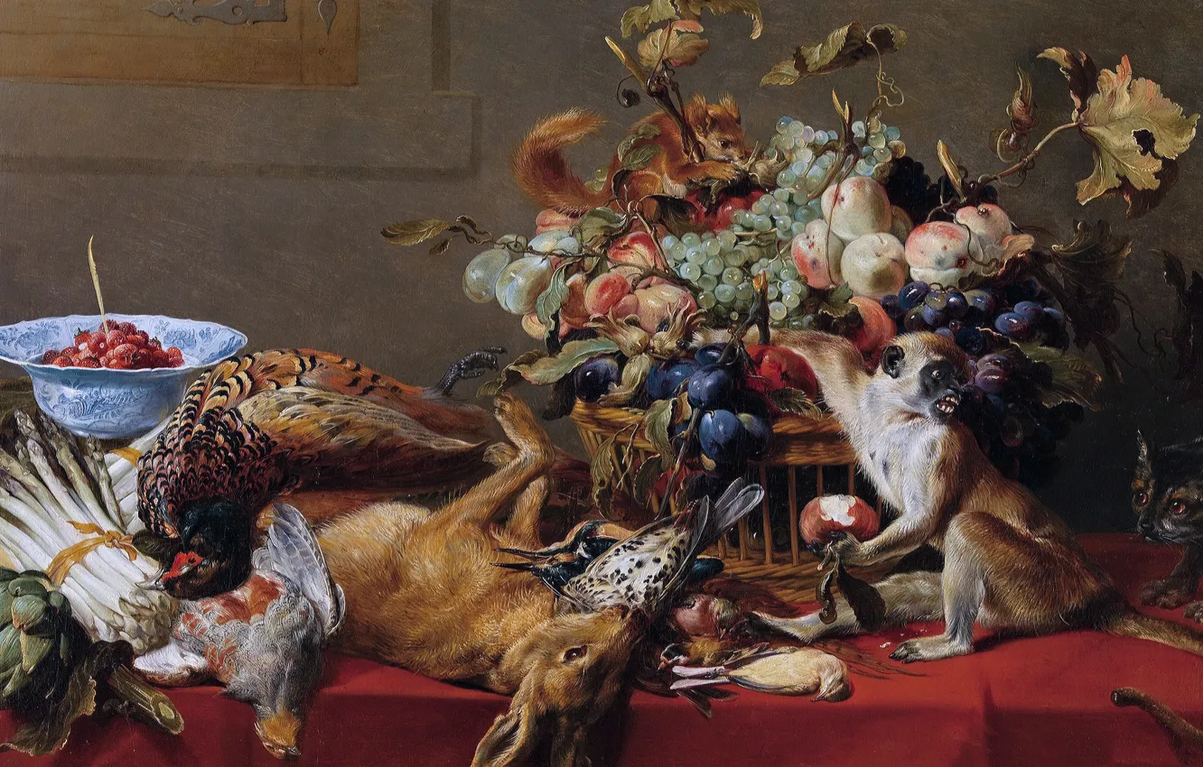 Photo wallpaper table, animal, monkey., dishes, Capuchin