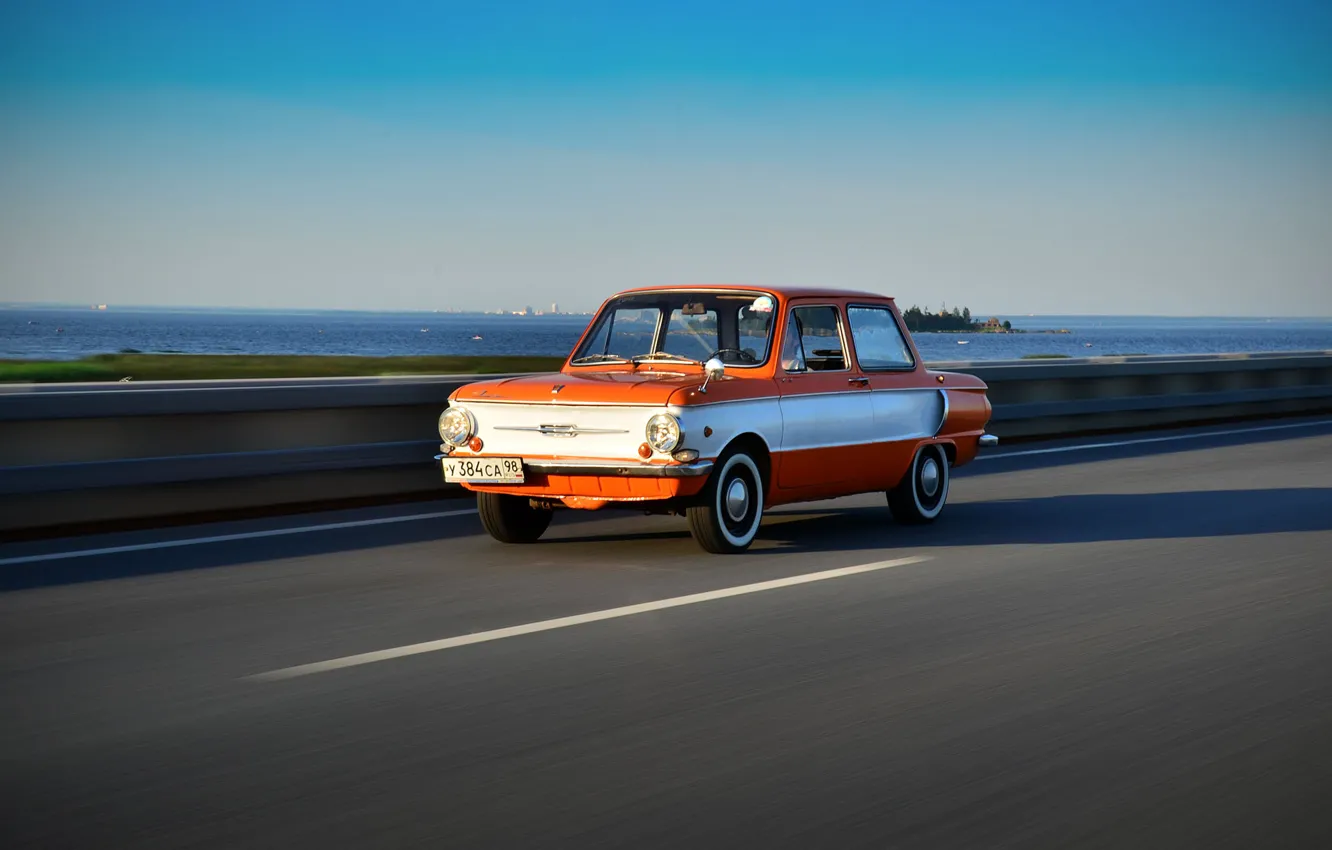 Photo wallpaper road, retro, background, speed, USSR, car, eared, Zaporozhets