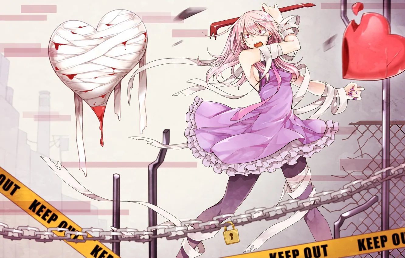 Photo wallpaper girl, anger, heart, chain, tape, art, scrap, bandages