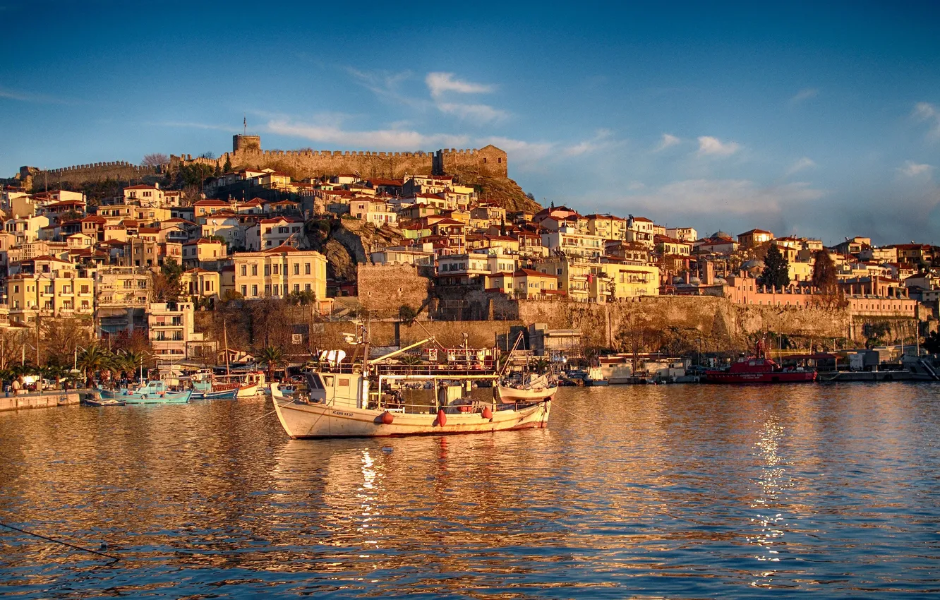 Photo wallpaper the city, hills, boat, Bay, fortress