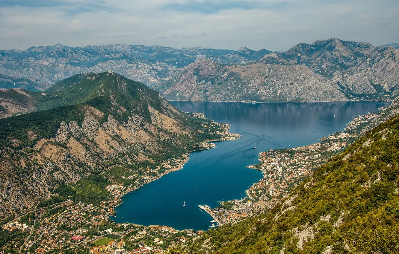 Photo wallpaper mountains, panorama, Bay, Montenegro, the fjord, Kotor