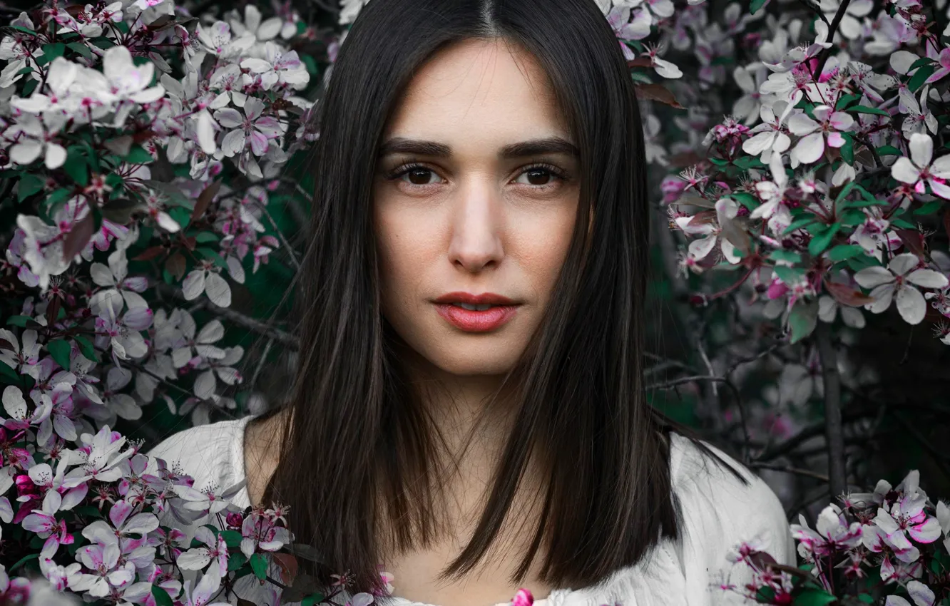 Photo wallpaper look, girl, flowers, branches, portrait, spring, makeup, garden