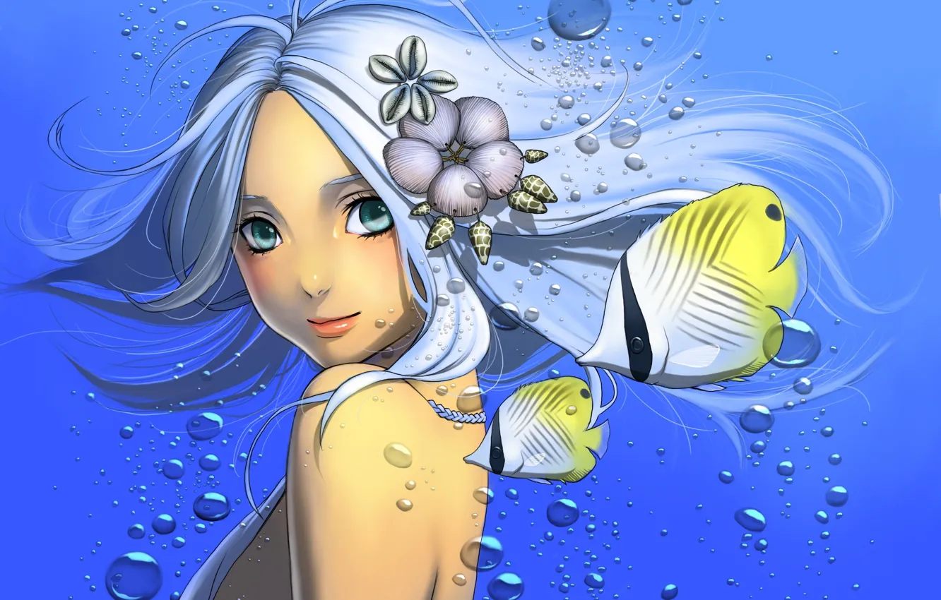 Photo wallpaper look, water, girl, fish, fish, bubbles