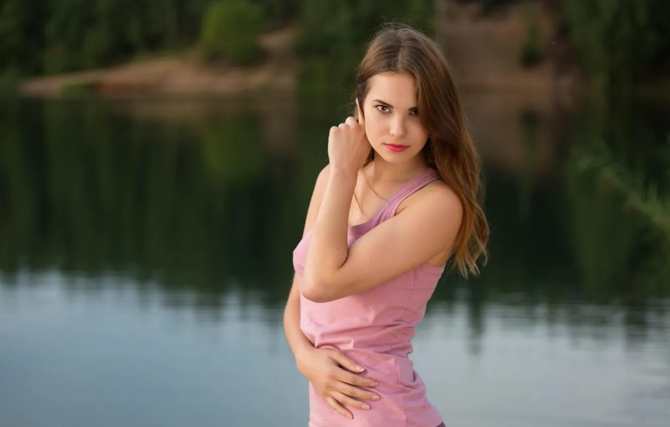 Photo wallpaper long hair, lake, model, brunette, red lips, gorgeous, posing, Diana