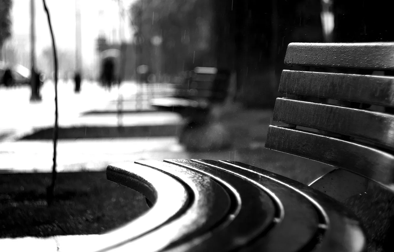 Photo wallpaper The city, Rain, Bench