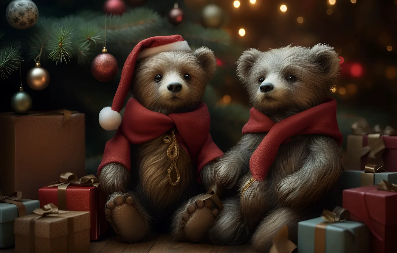 Photo wallpaper balls, gift, toy, new year, Christmas, bear, bear, herringbone