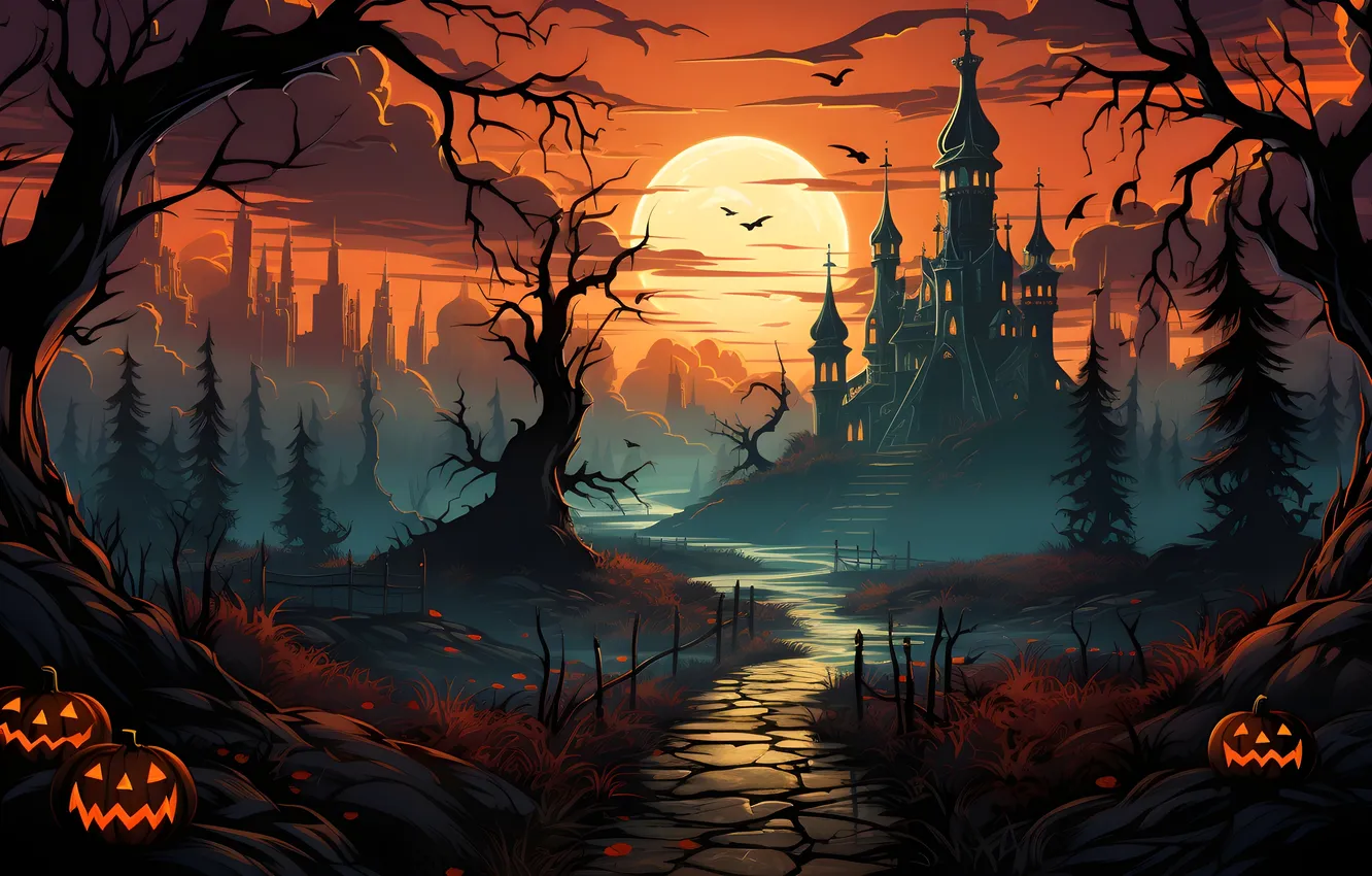 Photo wallpaper road, clouds, trees, lights, the moon, home, the evening, Halloween