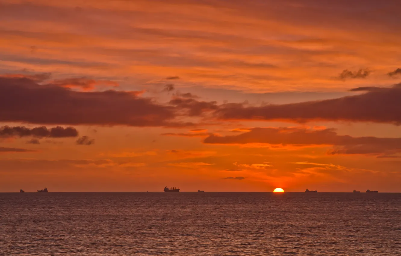 Photo wallpaper sea, sunset, ship, horizon, orange sky