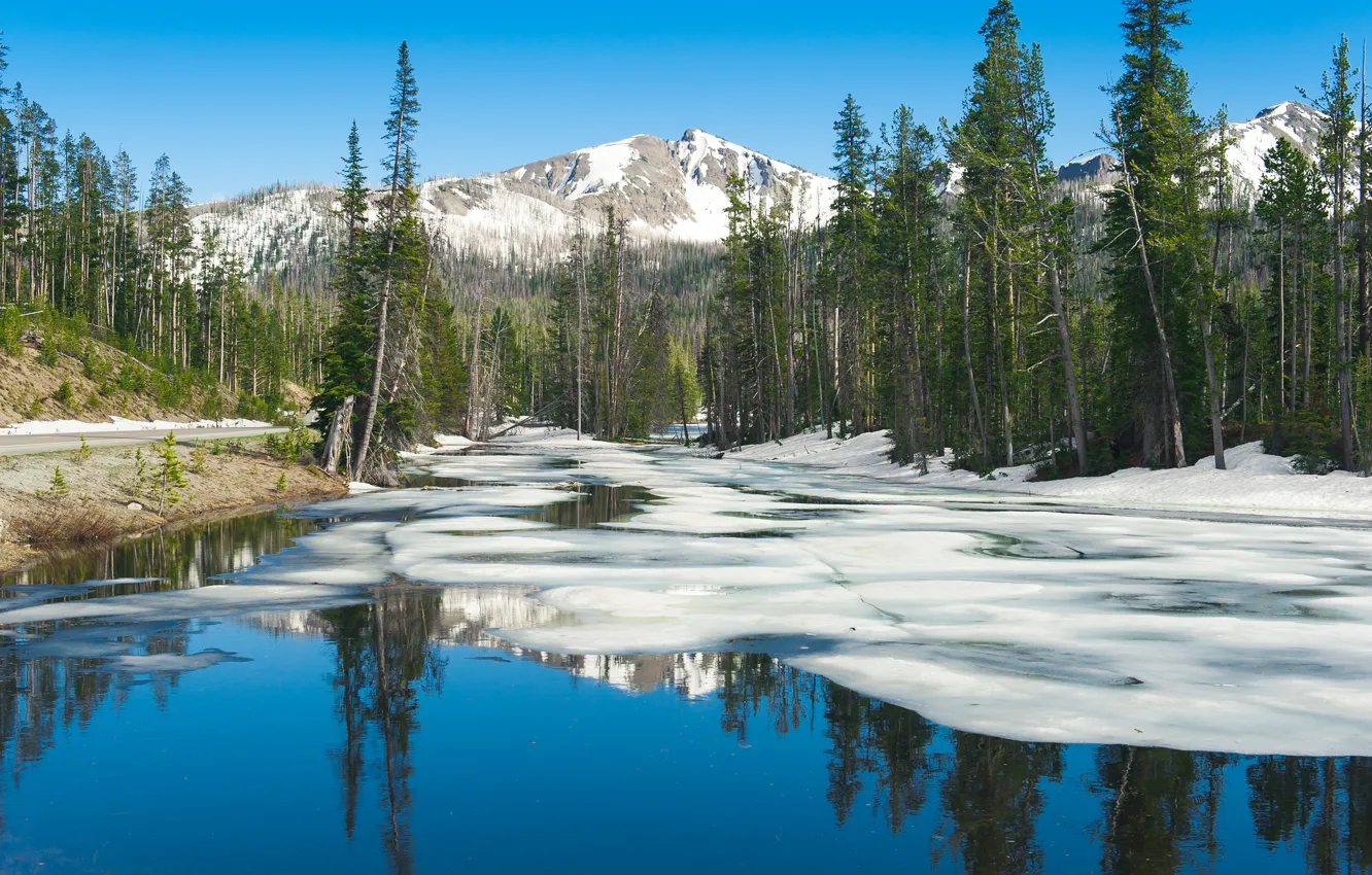 Photo wallpaper ice, the sky, snow, trees, mountains, lake