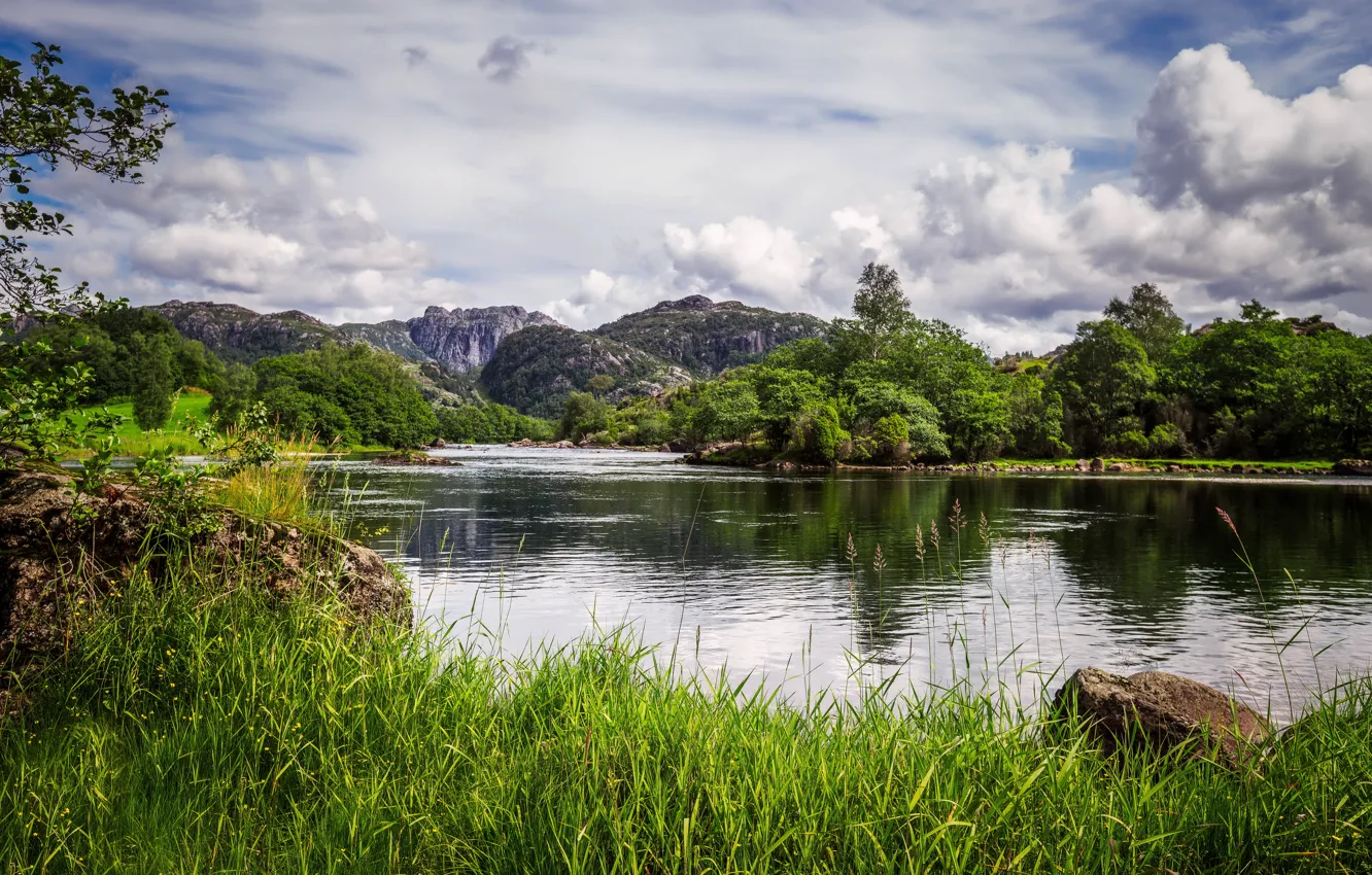 Photo wallpaper Nature, Clouds, Mountains, Grass, Lake, Norway, Landscape, Egersund