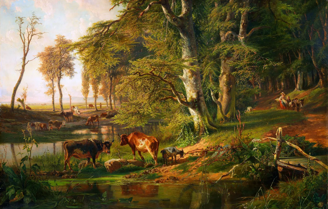 Photo wallpaper Trees, Stream, Picture, Cows, Goat, Cattle at the forest stream, Paul Joseph Constantin Gabriel, Paul …