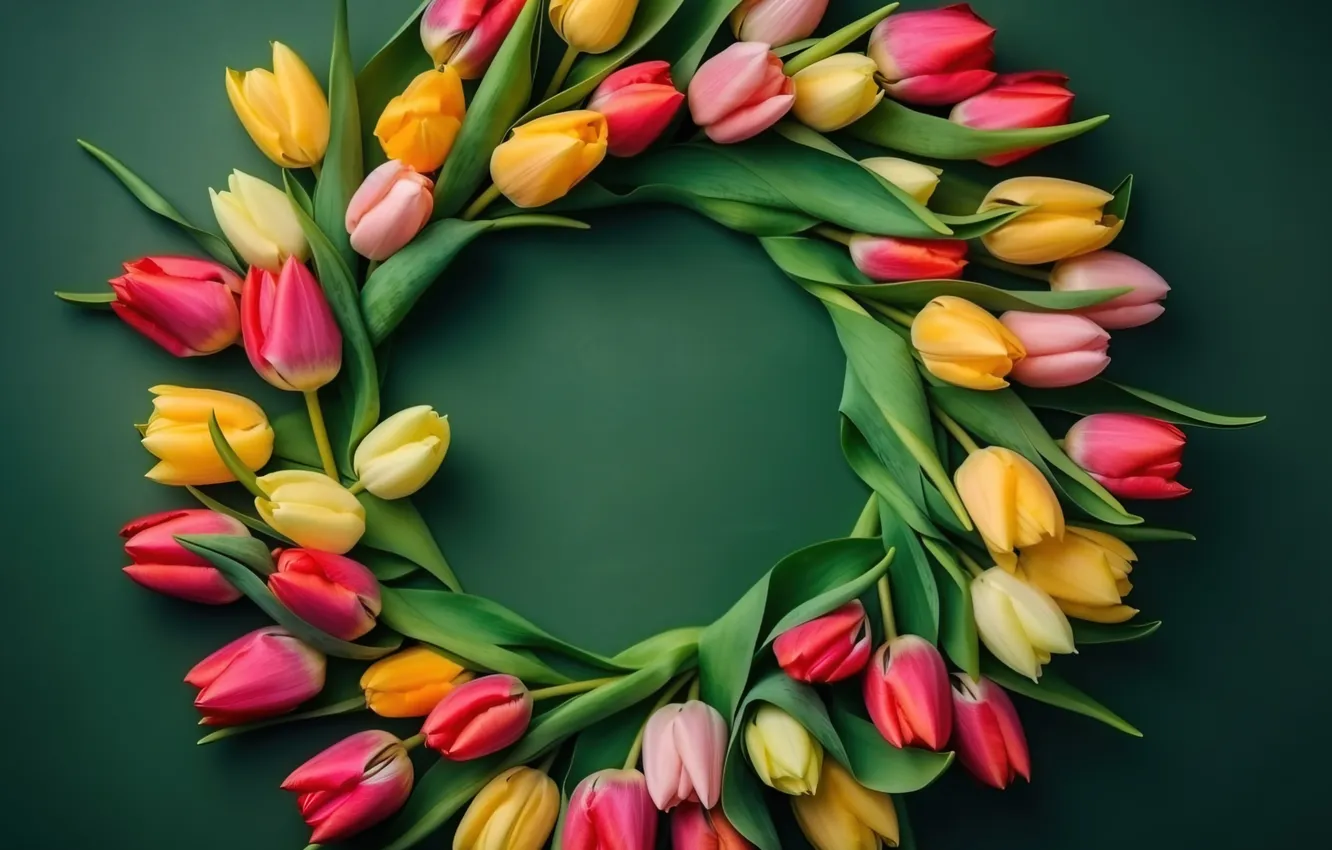 Photo wallpaper flowers, colorful, tulips, wreath, flowers, tulips, spring, wreath