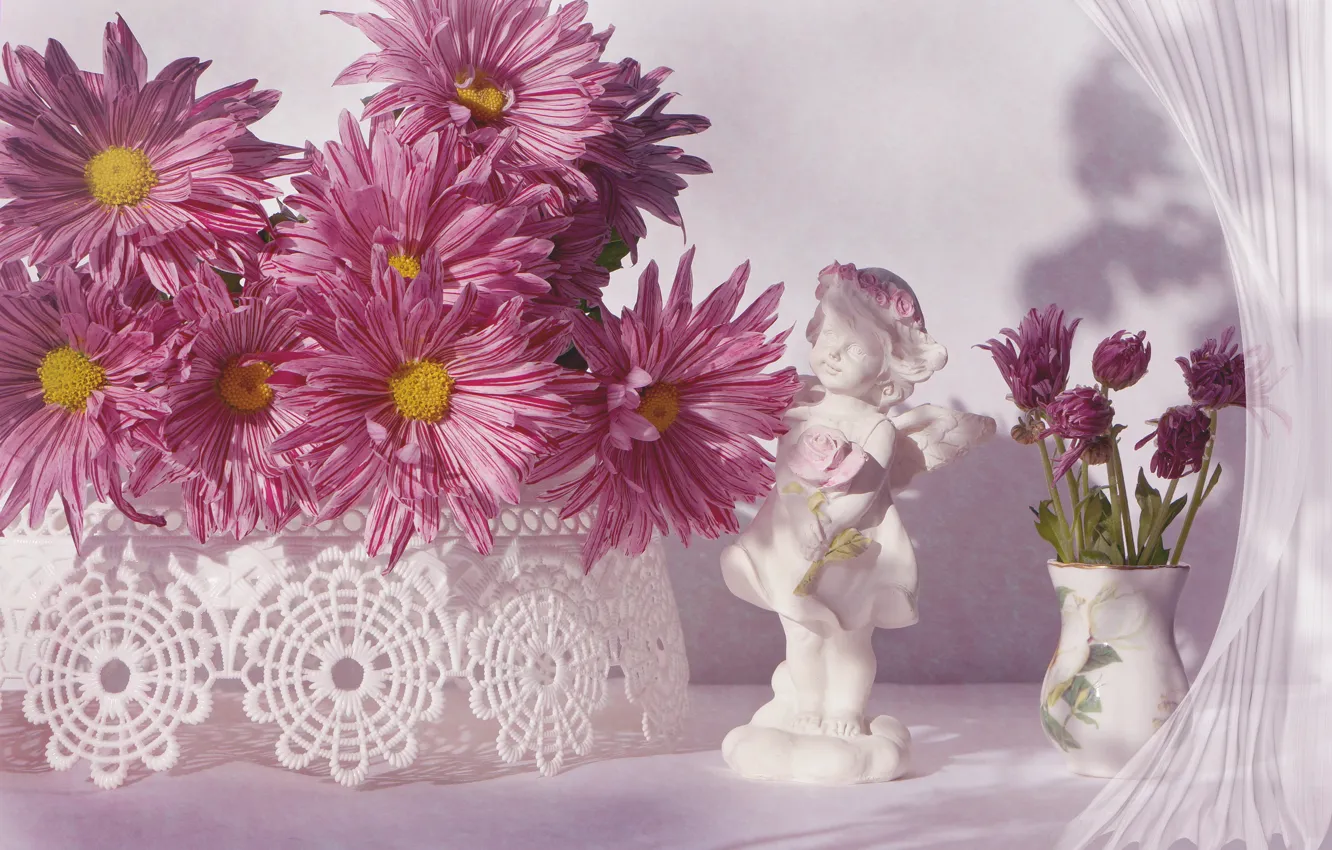 Photo wallpaper flowers, vase, figurine, pink, chrysanthemum