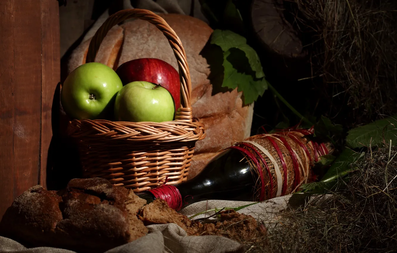 Photo wallpaper photo, Bottle, Basket, Wine, Apples, Food, Bread