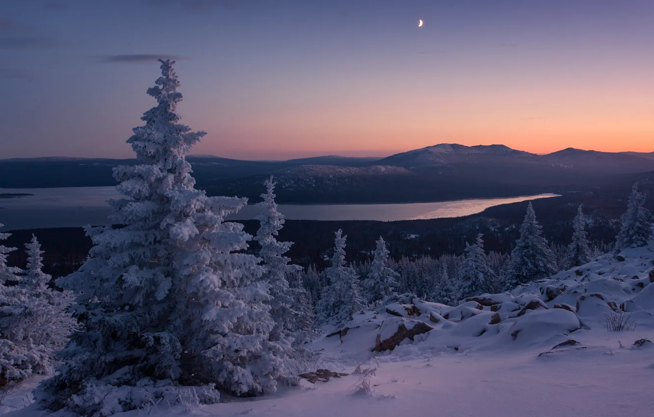 Photo wallpaper winter, frost, forest, the sky, snow, sunset, mountains, river