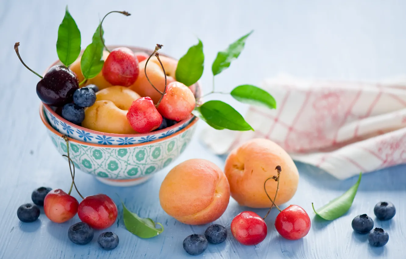 Photo wallpaper summer, leaves, cherry, berries, blueberries, dishes, fruit, still life