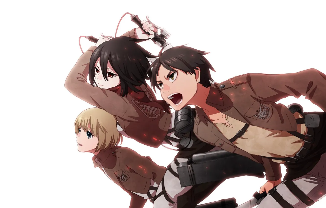 Photo wallpaper attack, white background, emblem, friends, swords, art, military uniform, Shingeki no Kyojin