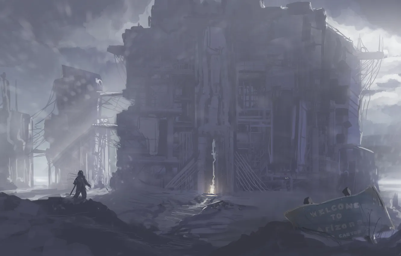 Photo wallpaper winter, snow, the city, plate, people, building, art, AZ