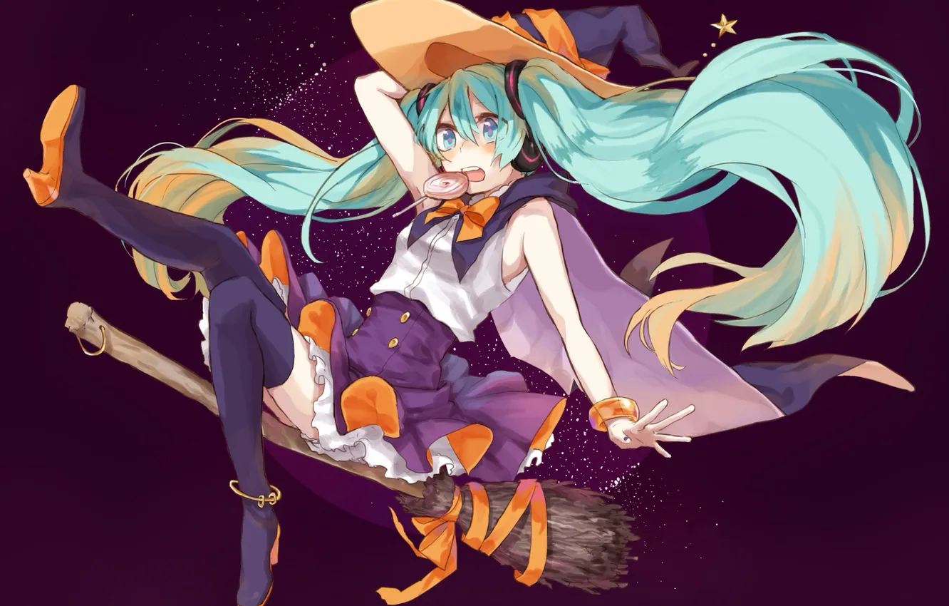 Photo wallpaper girl, holiday, hat, anime, art, candy, Halloween, witch