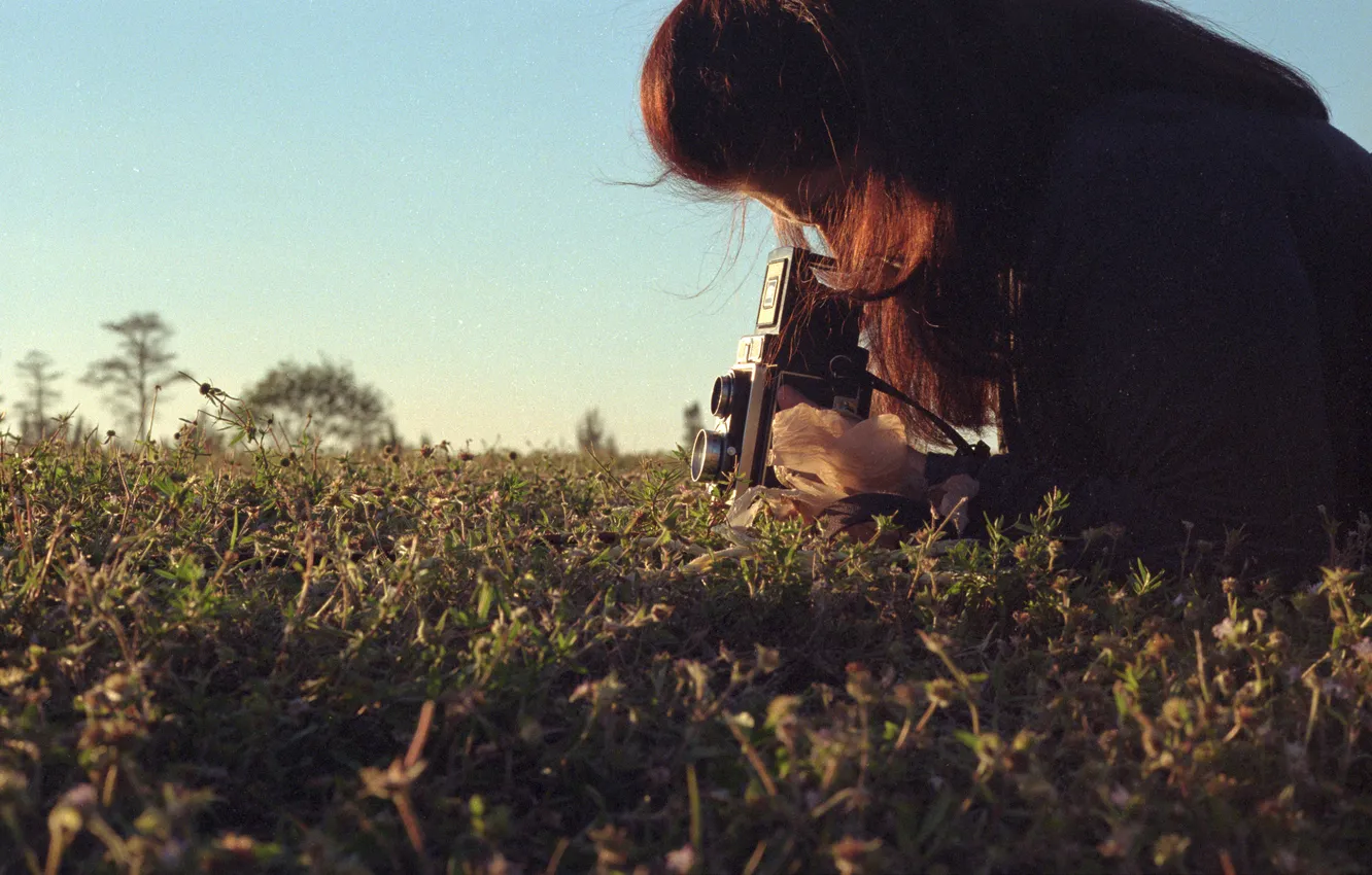 Photo wallpaper grass, Girl, the camera, photographer