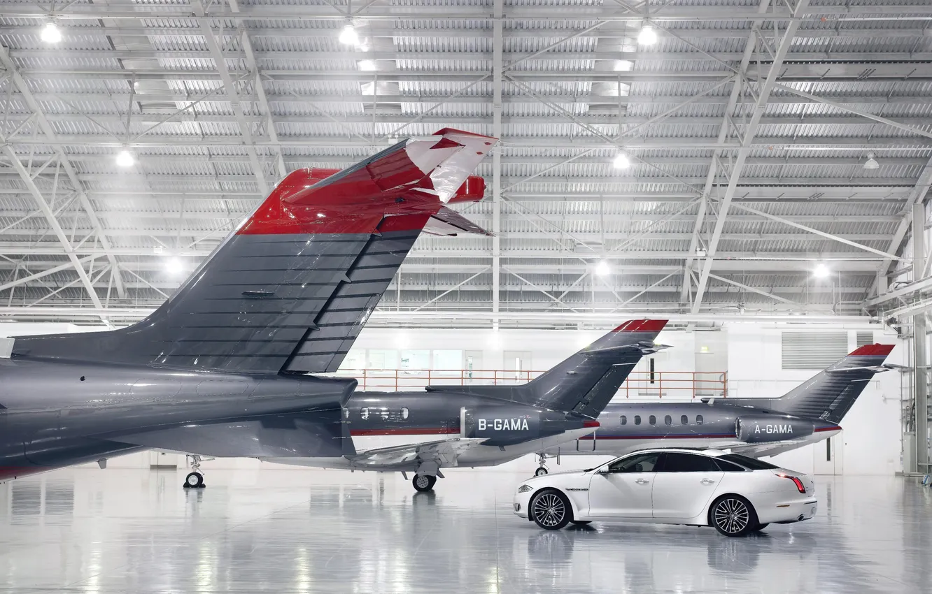 Photo wallpaper Jaguar, White, The plane, Sedan, Hangar, Car
