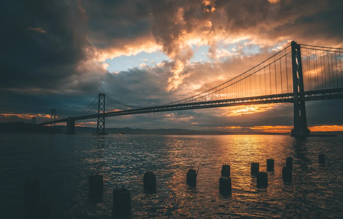 Photo wallpaper sea, bridge, sunset, clouds