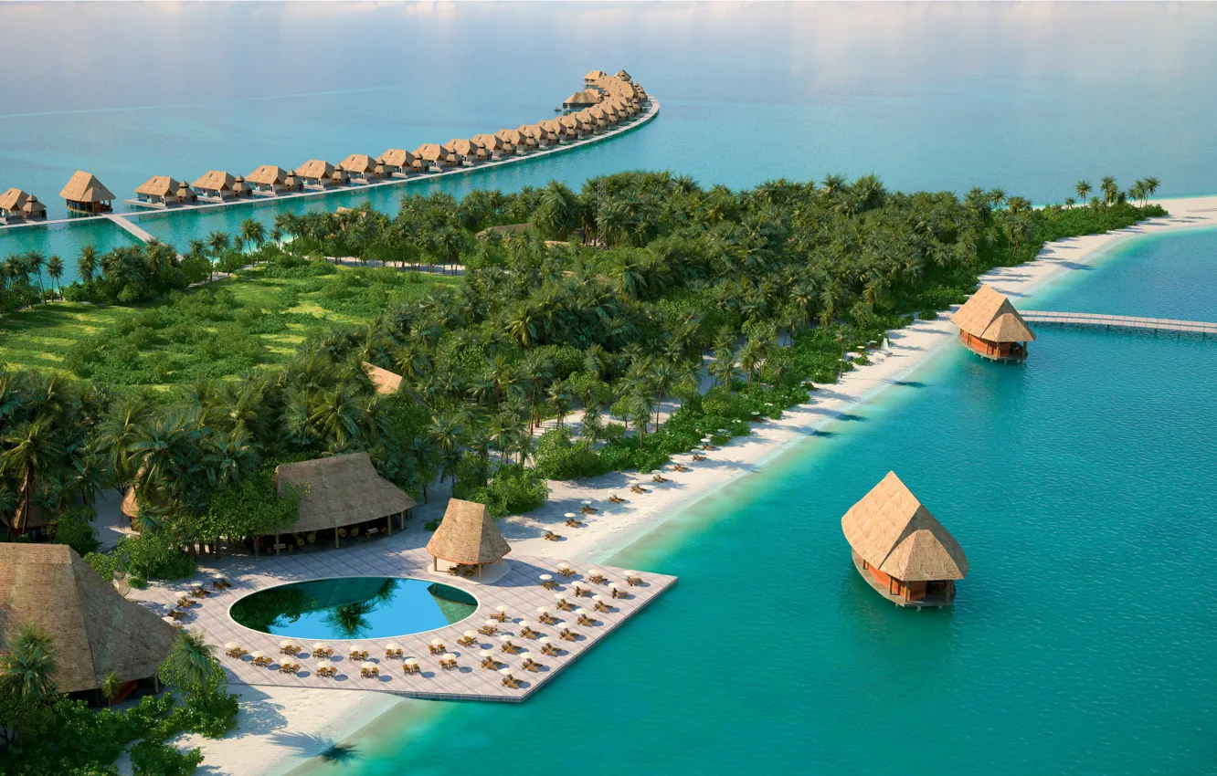 Photo wallpaper beach, ocean, exotic, palms, tropics, aerial, fantastic Maldives, Maamut the resort