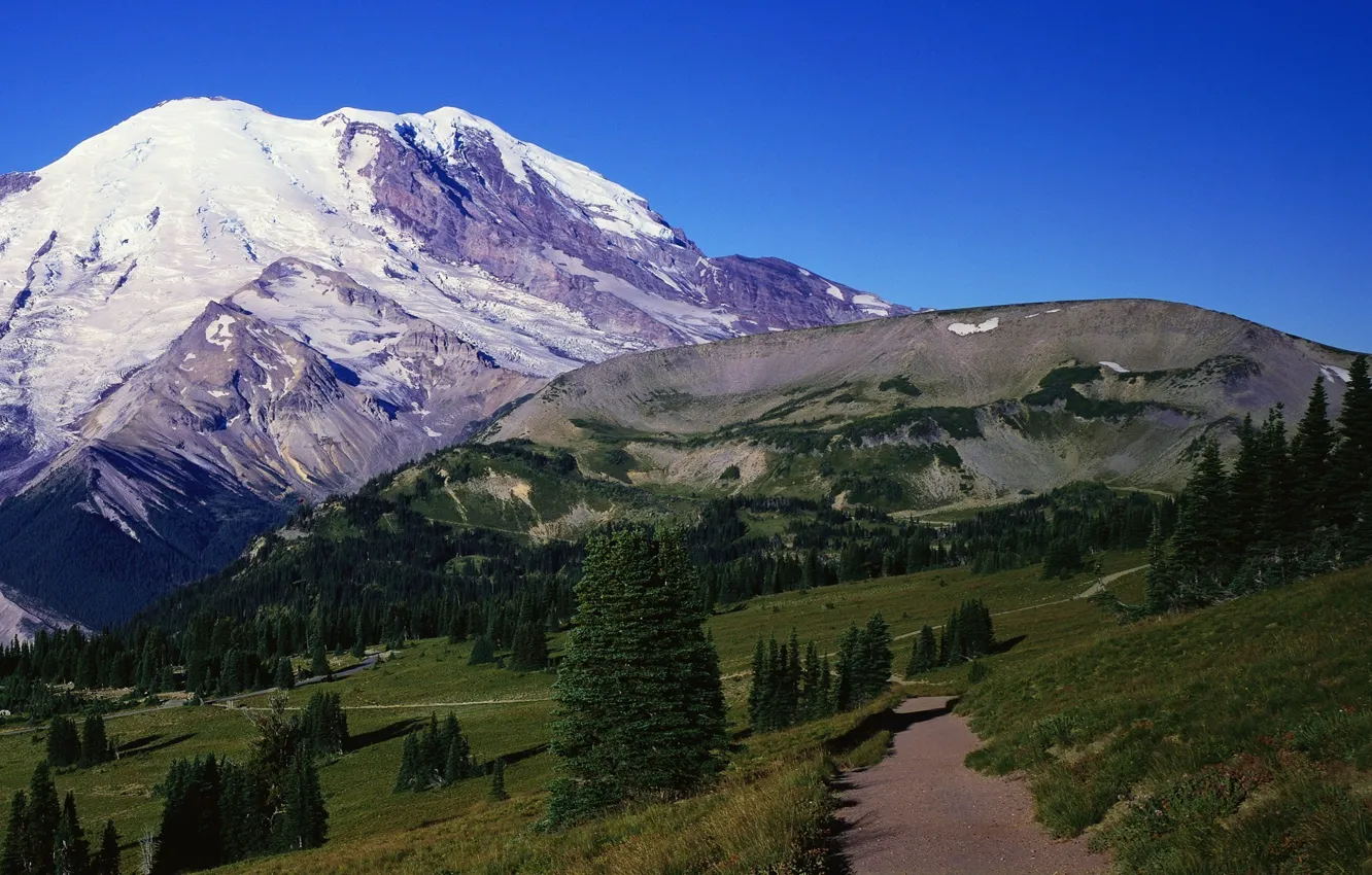 Photo wallpaper road, the sky, trees, mountains
