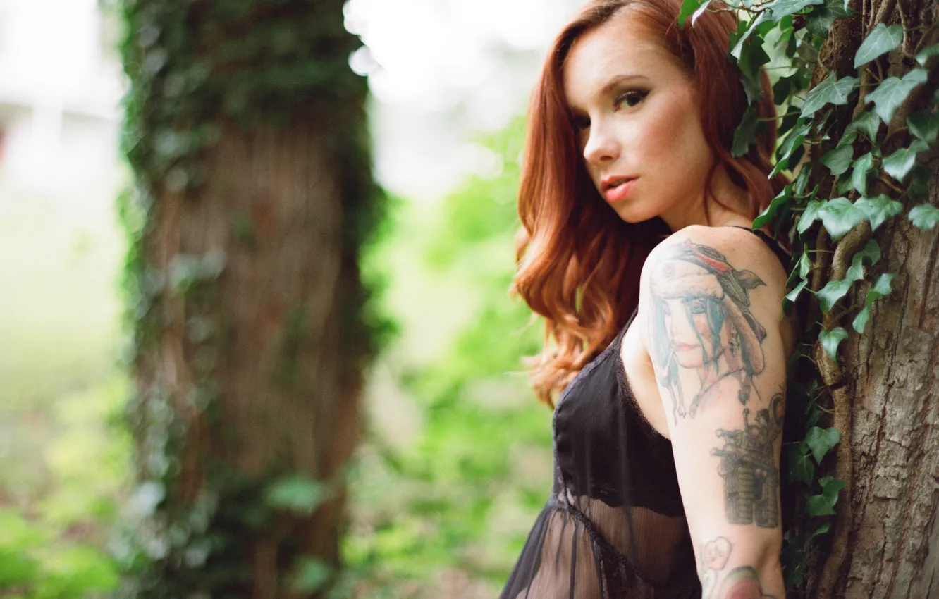 Photo wallpaper girl, blouse, trees, woman, beautiful, tree, model, tattoo