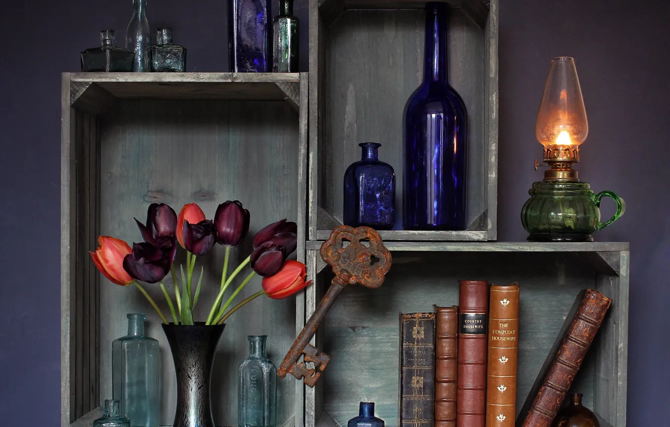 Photo wallpaper flowers, rusty, fire, books, lamp, key, tulips, kerosene stove