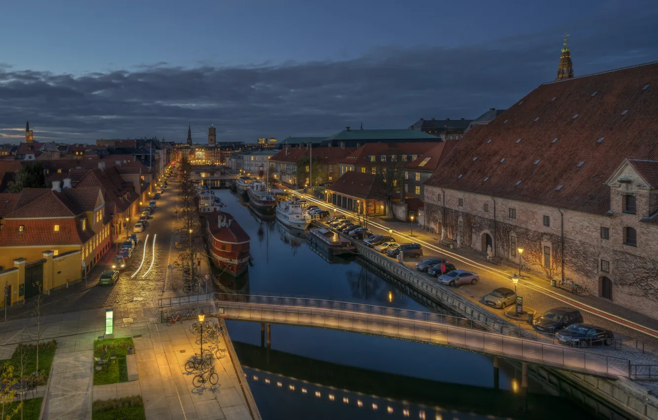 Photo wallpaper machine, night, bridge, the city, boat, building, home, Denmark