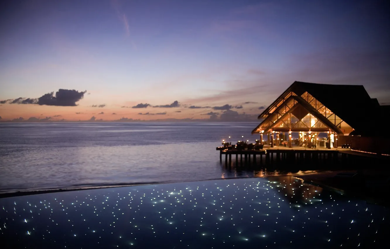 Photo wallpaper pool, ocean, sunset, romantic, Maldives, paradise, deck