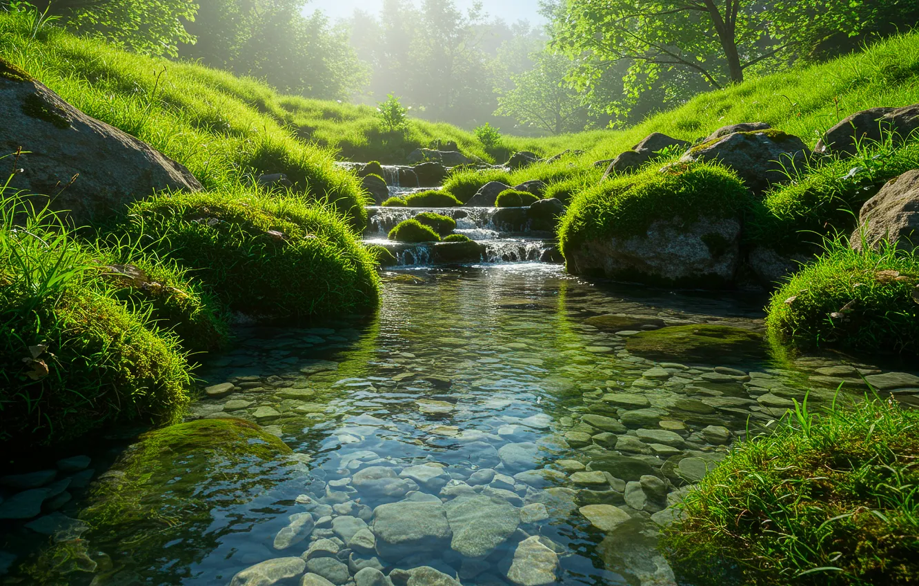Photo wallpaper greens, grass, water, the sun, trees, stream, stones, Wallpaper