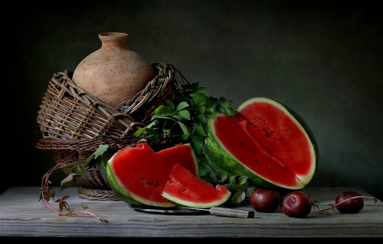 Photo wallpaper leaves, table, apples, watermelon, knife, pitcher, still life, basket