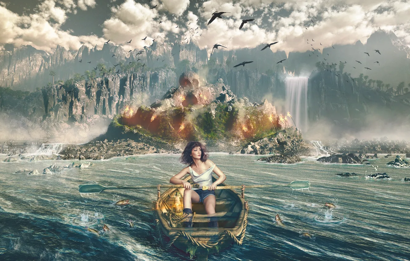 Photo wallpaper woman, boat, waterfall, Island, paddles