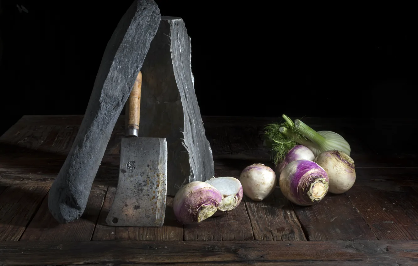 Photo wallpaper table, vegetables, cleaver