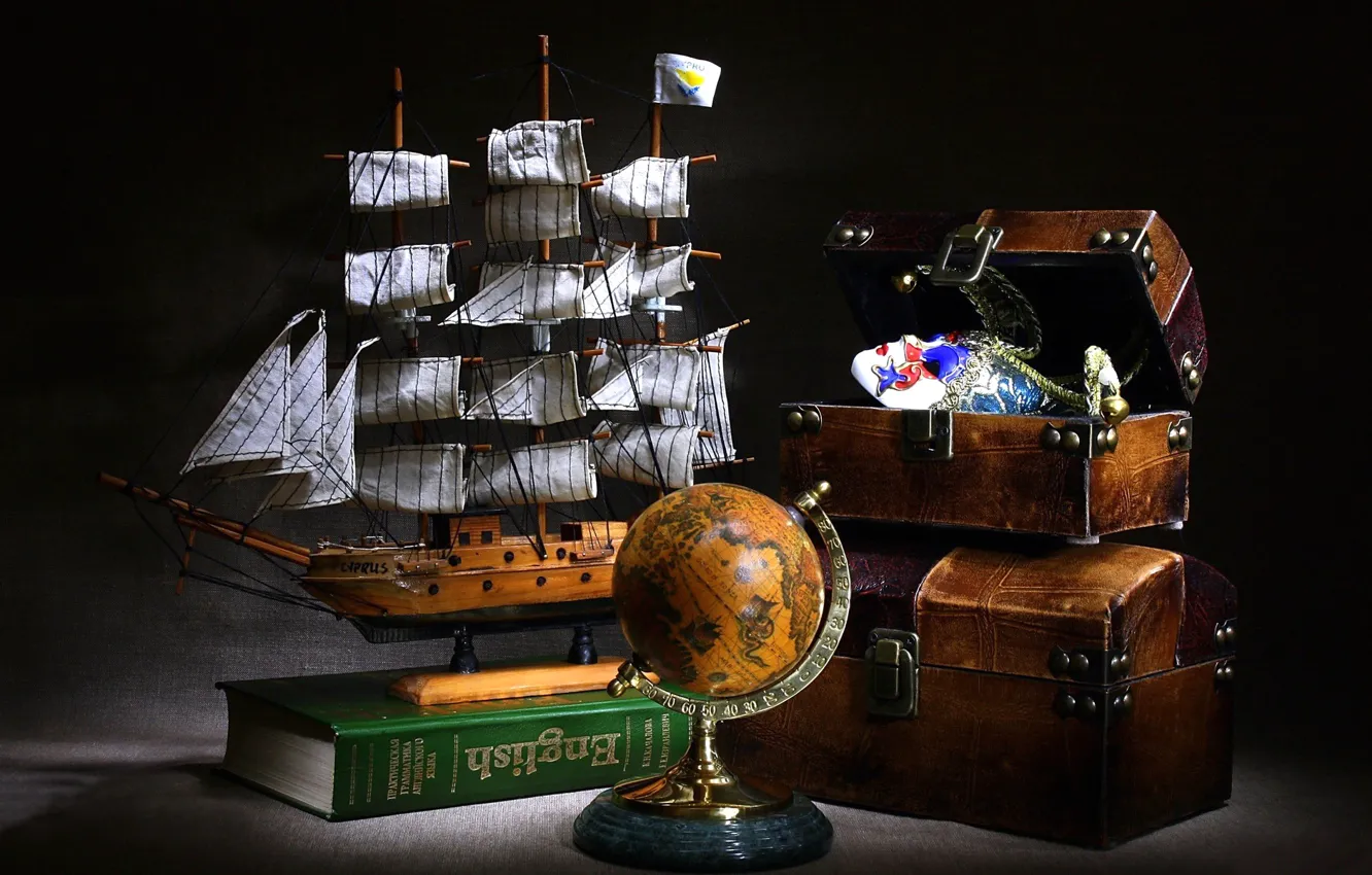 Photo wallpaper model, sailboat, dictionary, chest, journey, globe